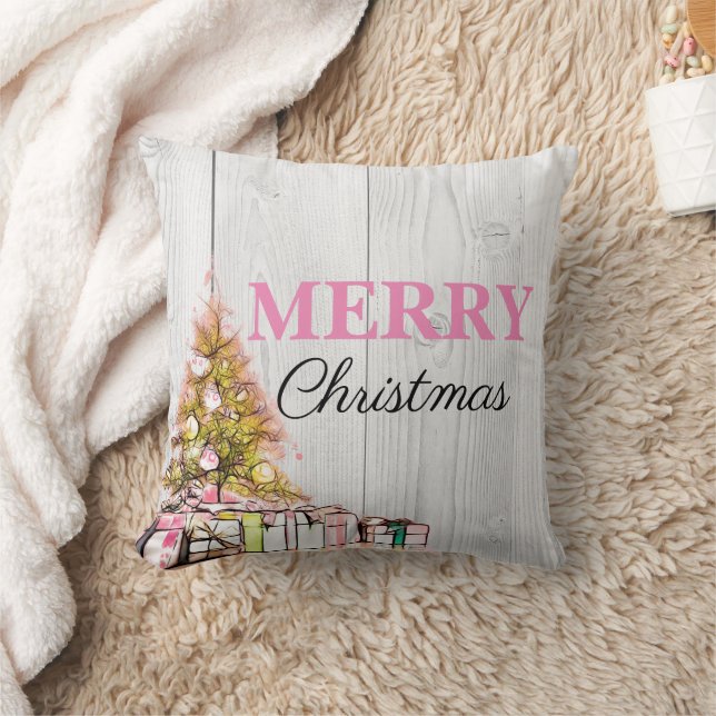 Sweet Pink Merry Christmas Tree & Presents Holiday Cushion (Blanket)