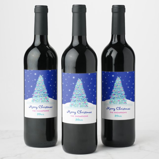 Sweet Pink Merry Christmas Tree Wine Label (Bottles)