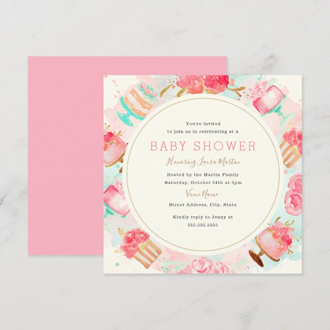 Sweet Pink Mint Cake Wreath Baby Shower Invitation (Front/Back)
