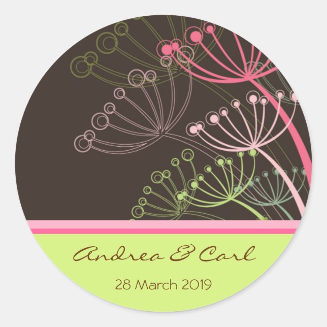 Sweet Pink & Mint Dandelions Wedding Favour Sticke Classic Round Sticker (Front)