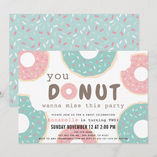 Sweet Pink & Mint Green Sprinkles Doughnut Birthda Invitation (Front/Back)