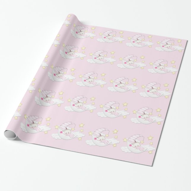 Sweet Pink Moon Baby Girl Wrapping Paper (Unrolled)