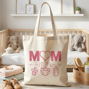 Sweet Pink Mum Est Year Baby Icons Design Tote Bag