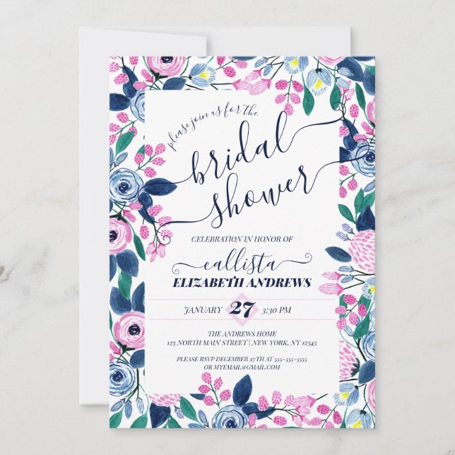 Sweet Pink Navy Flowers Watercolor Bridal Shower Invitation (Front)