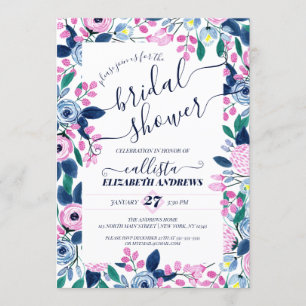 Sweet Pink Navy Flowers Watercolor Bridal Shower Invitation