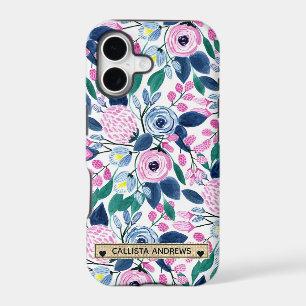 Sweet Pink Navy Flowers Watercolor Gold Monogram