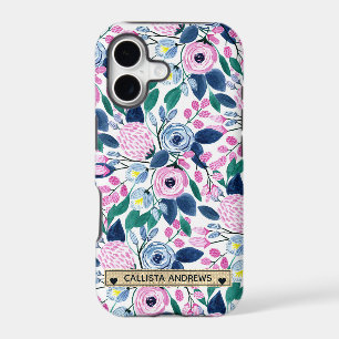 Sweet Pink Navy Flowers Watercolor Gold Monogram