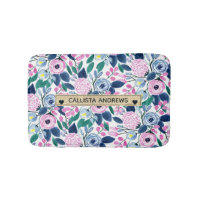 Sweet Pink Navy Flowers Watercolor Gold Monogram