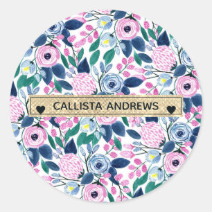 Sweet Pink Navy Flowers Watercolor Gold Monogram Classic Round Sticker
