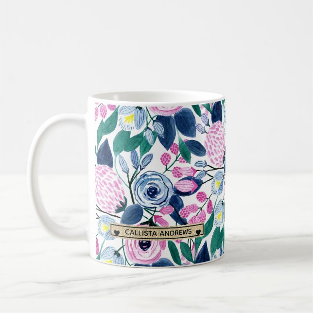 Sweet Pink Navy Flowers Watercolor Gold Monogram Coffee Mug (Left)