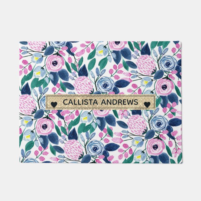Sweet Pink Navy Flowers Watercolor Gold Monogram Doormat (Front)