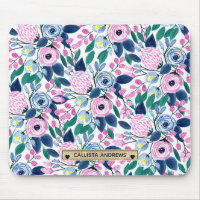 Sweet Pink Navy Flowers Watercolor Gold Monogram