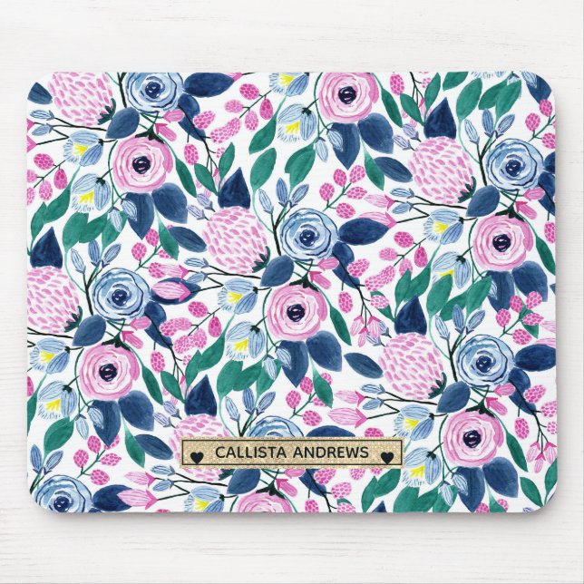 Sweet Pink Navy Flowers Watercolor Gold Monogram Mouse Mat (Front)