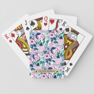 Sweet Pink Navy Flowers Watercolor Gold Monogram Playing Cards