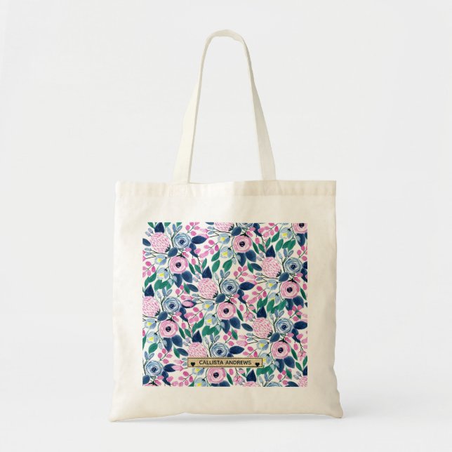 Sweet Pink Navy Flowers Watercolor Gold Monogram Tote Bag (Front)
