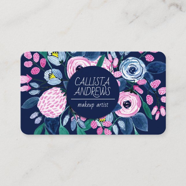 Sweet Pink Navy Flowers Watercolor Makeup Artist Business Card (Front)