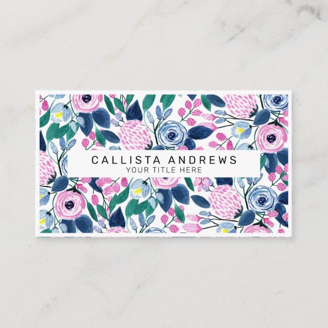 Sweet Pink Navy Flowers Watercolor Pattern Business Card (Front)