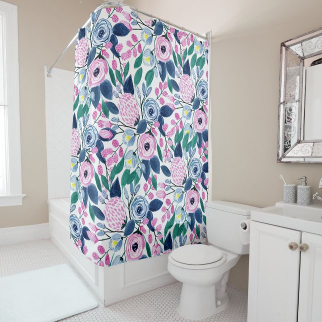 Sweet Pink Navy Flowers Watercolor Pattern Shower Curtain (In Situ)