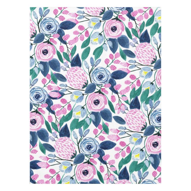 Sweet Pink Navy Flowers Watercolor Pattern Tablecloth (Front)