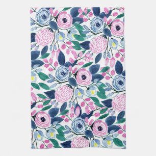 Sweet Pink Navy Flowers Watercolor Pattern Tea Towel