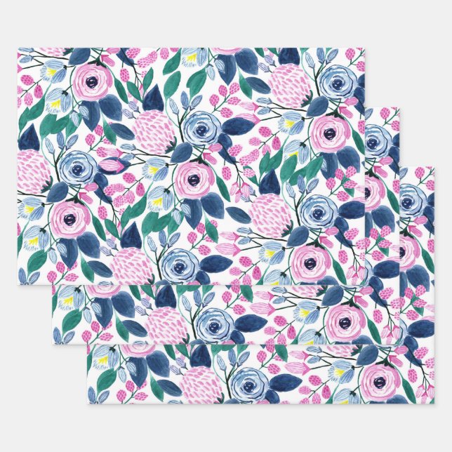 Sweet Pink Navy Flowers Watercolor Pattern Wrapping Paper Sheet (Set)