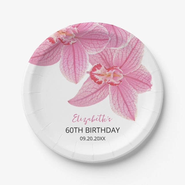 Sweet Pink Orchid Floral Greenery Birthday Paper Plate (Front)