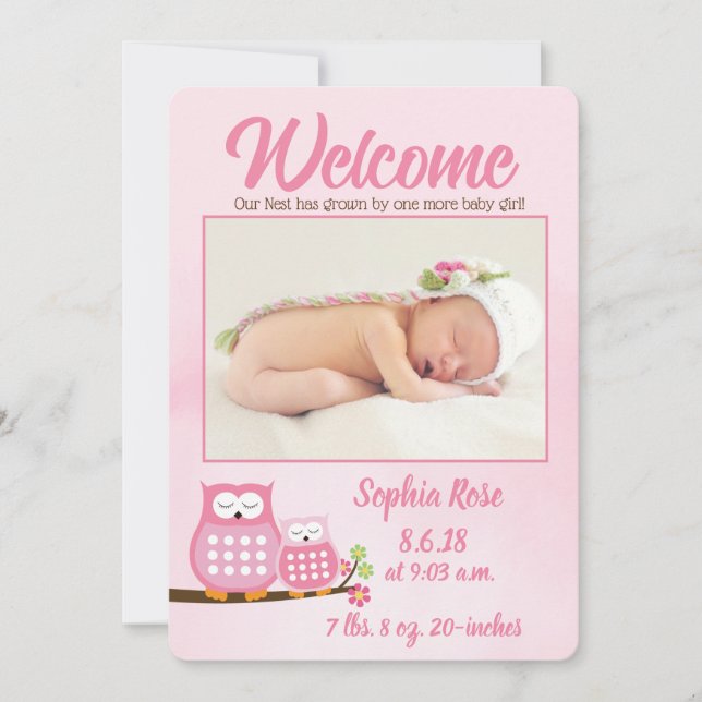Sweet Pink Owls Baby Girl Photo Birth Announcement (Front)