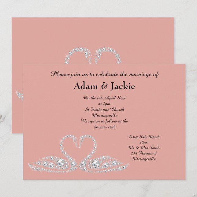 SWEET PINK PEACH  SWAN ELEGANT WEDDING INVITATION (Front/Back)