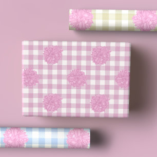 Sweet Pink Peony Blooms With Gingham Background Wrapping Paper Sheet