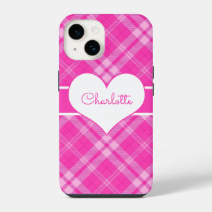 Sweet Pink Plaid n Heart Monogram iPhone 14 Case