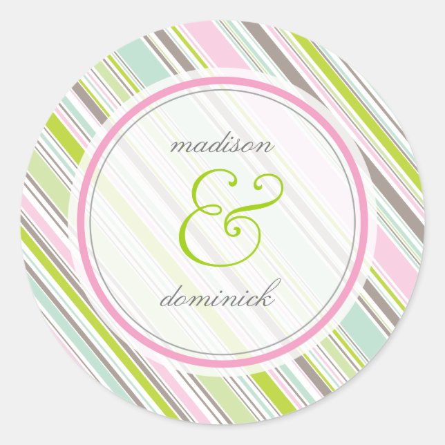 Sweet Pink Preppy Garden Stripes Wedding Sticker (Front)