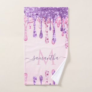 Sweet Pink Purple Glitter Dripping Girly Monogram  Bath Towel Set