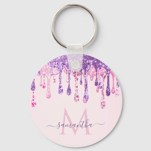 Sweet Pink Purple Glitter Dripping Girly Monogram  Key Ring (Front)