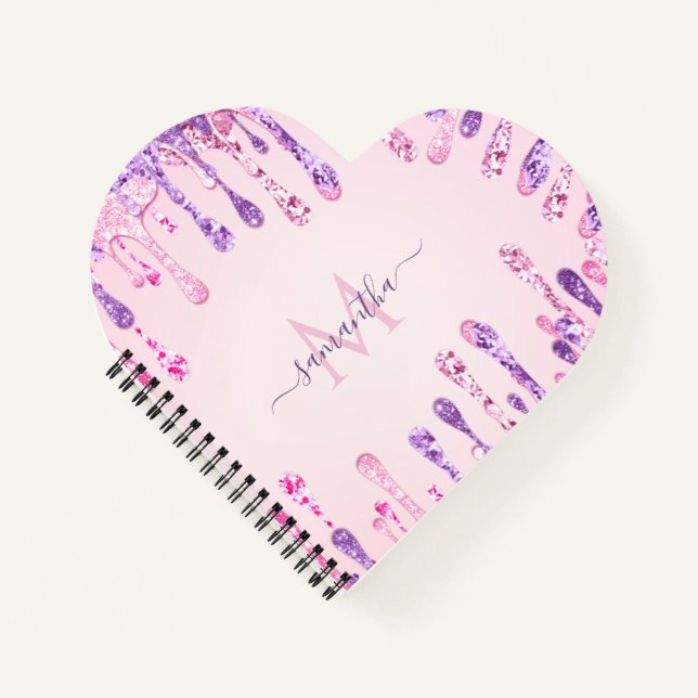 Sweet Pink Purple Glitter Dripping Girly Monogram  Notebook (Front)