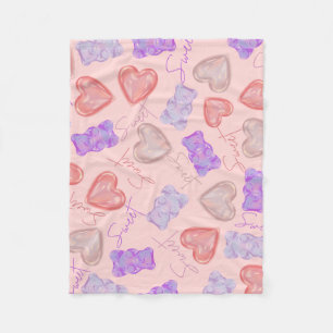 Sweet Pink Purple Teddy Bear & Heart Pattern Fleece Blanket