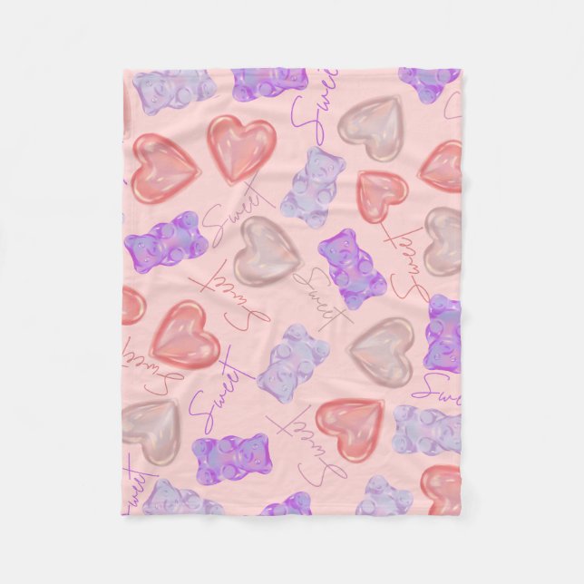 Sweet Pink Purple Teddy Bear & Heart Pattern Fleece Blanket (Front)