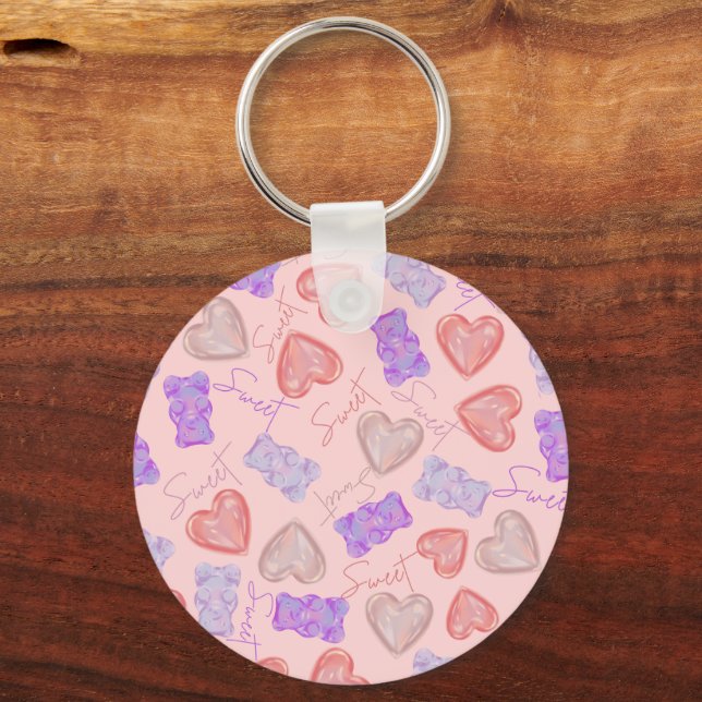 Sweet Pink Purple Teddy Bear & Heart Pattern Key Ring (Back)