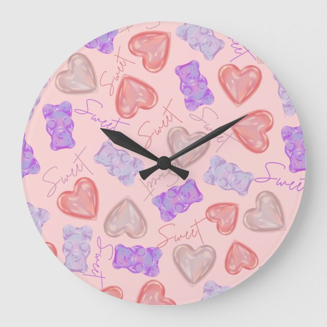 Sweet Pink Purple Teddy Bear & Heart Pattern Large Clock (Front)