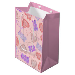 Sweet Pink Purple Teddy Bear & Heart Pattern Medium Gift Bag