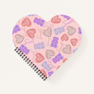 Sweet Pink Purple Teddy Bear & Heart Pattern Notebook