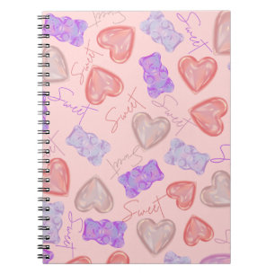 Sweet Pink Purple Teddy Bear & Heart Pattern Notebook