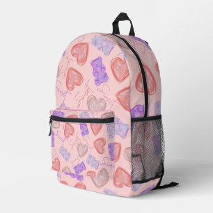 Sweet Pink Purple Teddy Bear & Heart Pattern Printed Backpack