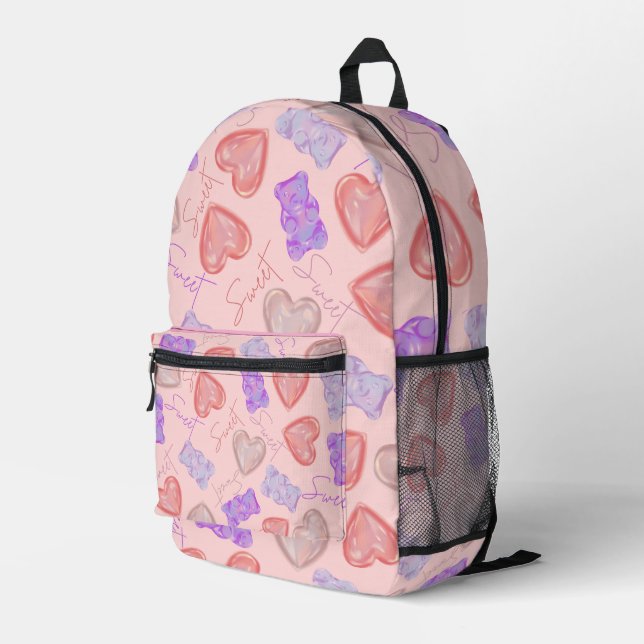 Sweet Pink Purple Teddy Bear & Heart Pattern Printed Backpack (Back Corner Right)