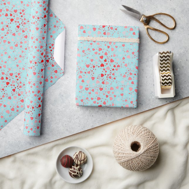 Sweet Pink/Red Heart Pattern Blue/Aqua Background  Wrapping Paper (Crafts)