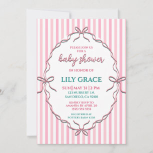 Sweet Pink Ribbon & Watercolor Stripes Baby Shower Invitation