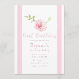Sweet Pink Rose Floral Girls First 1st Birthday Invitation