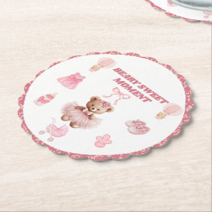SWEET PINK ROUND SCALLOPED BEAR GIRL BABY SHOWER PAPER COASTER