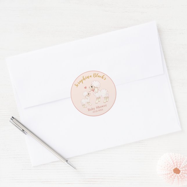 Sweet Pink Sheep Baby Shower Classic Round Sticker (Envelope)