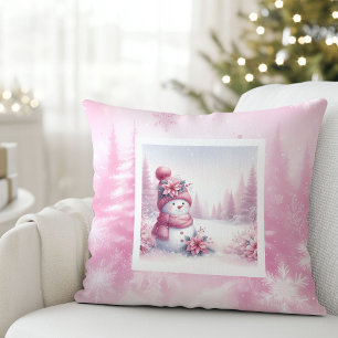 Sweet Pink Snowman Pillow Cute Christmas Scene