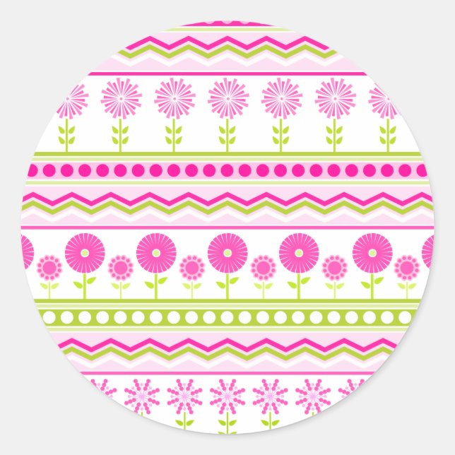 Sweet pink spring pattern with flowers and dots classic round sticker (Front)